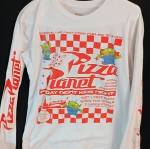 TOY STORY Mens Med Long Sleeve Checkerboard T-SHIRT PIZZA PLANET DISNEY PIXAR